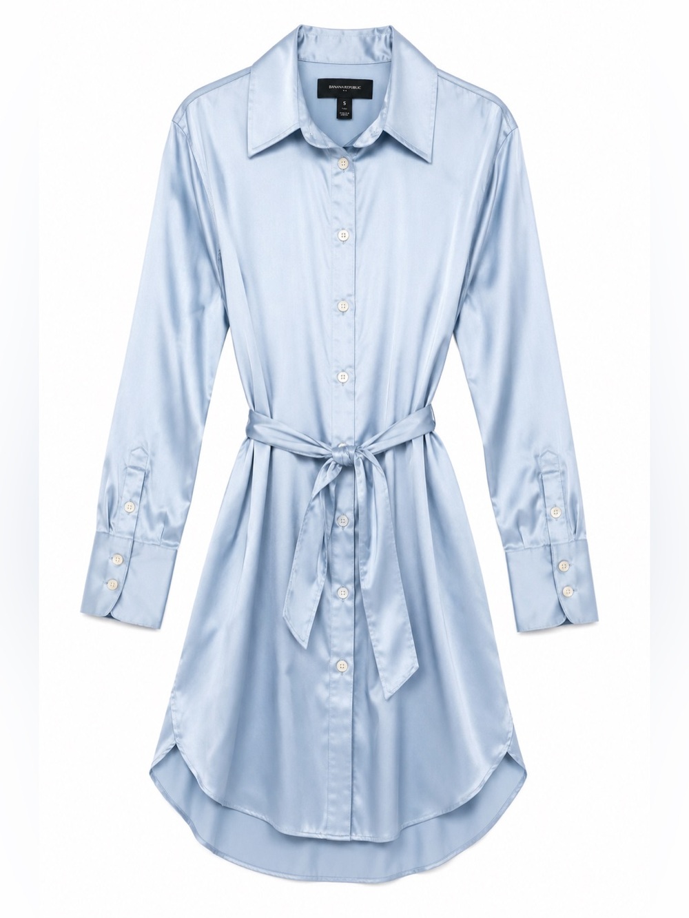 Banana Republic Satin Shirt Dress S Tall Blue Button Front Belted